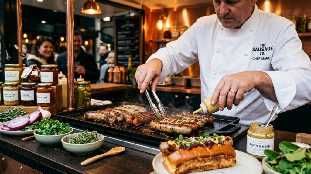 Close-up detail shot of a skilled chef in professional white