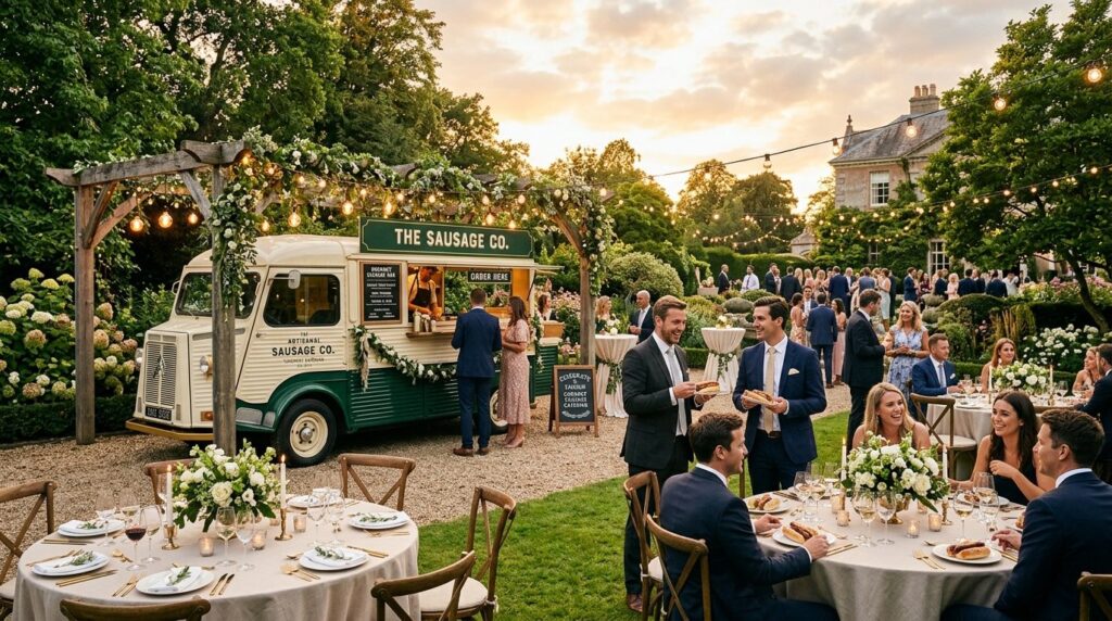 Wide atmospheric shot of a beautifully branded sausage food 