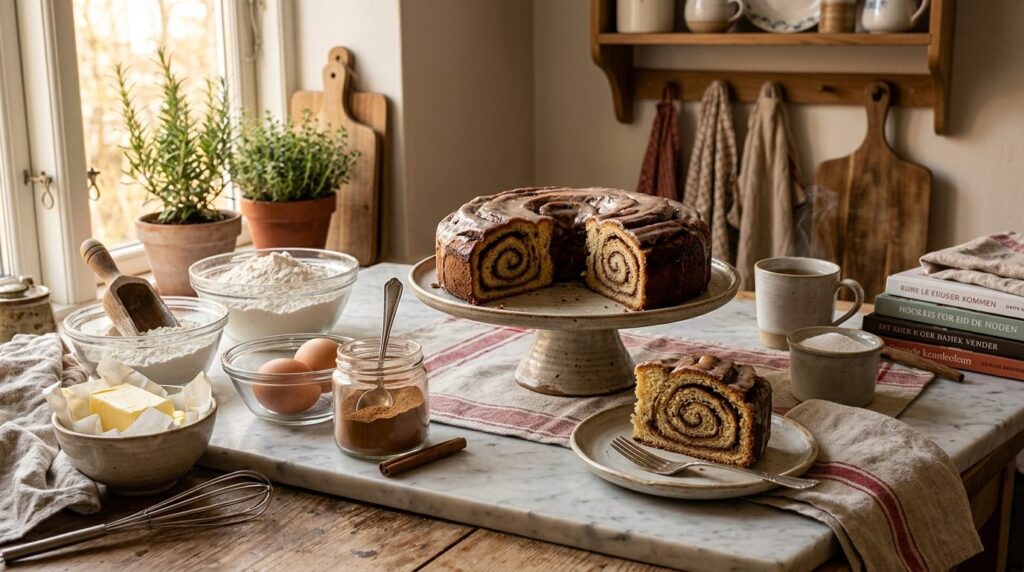 Hjemmebagt kanelkage på en stiliseret køkkenbænk.