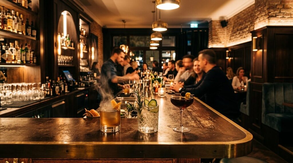 Atmospheric photograph of a trendy Berlin bar interior at du