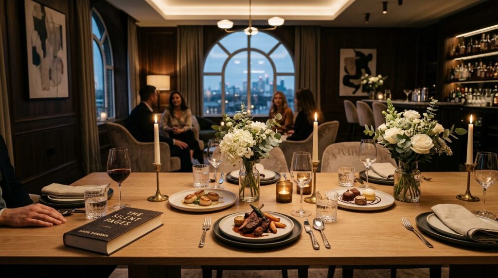Wide angle interior photograph of a sophisticated dining roo