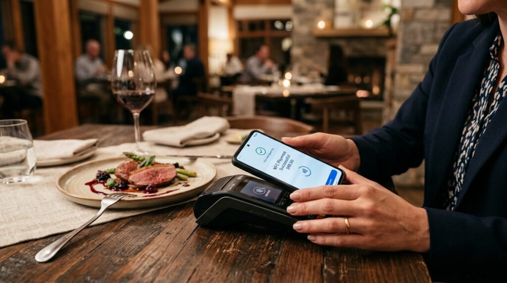 Close-up professional shot of a restaurant guest holding a s