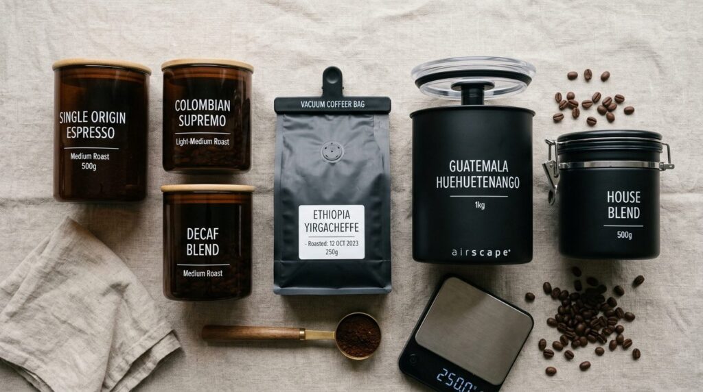 Close-up flat lay of coffee storage solutions including dark