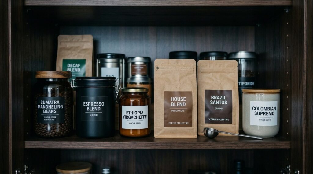 Kitchen pantry shelf with various coffee storage containers 