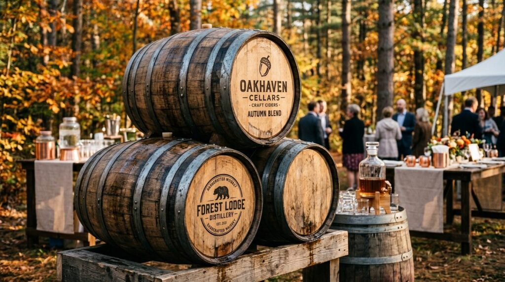 Close-up product photography of premium beverage barrels wit