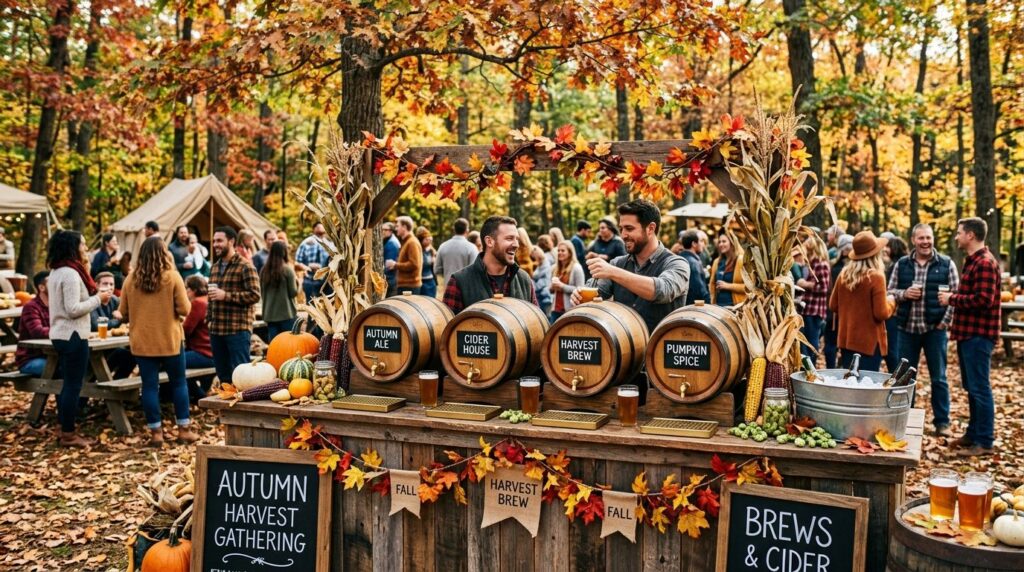 Wide-angle shot of outdoor autumn gathering with multiple wo