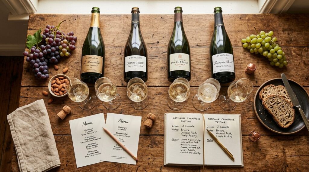 Oversigtsview af et champagnetastingsetup set fra oven.