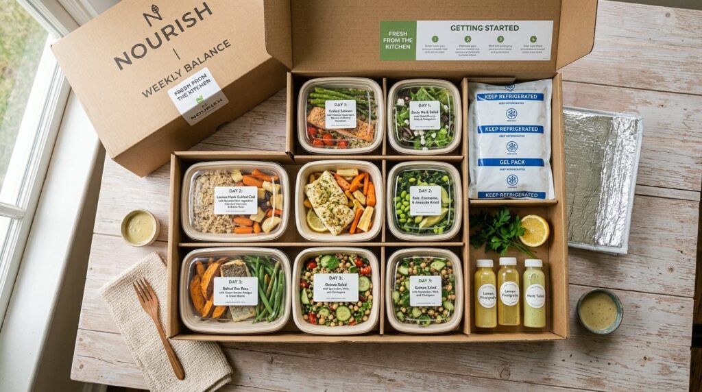 Overhead flat lay photography of a weekly meal delivery pack