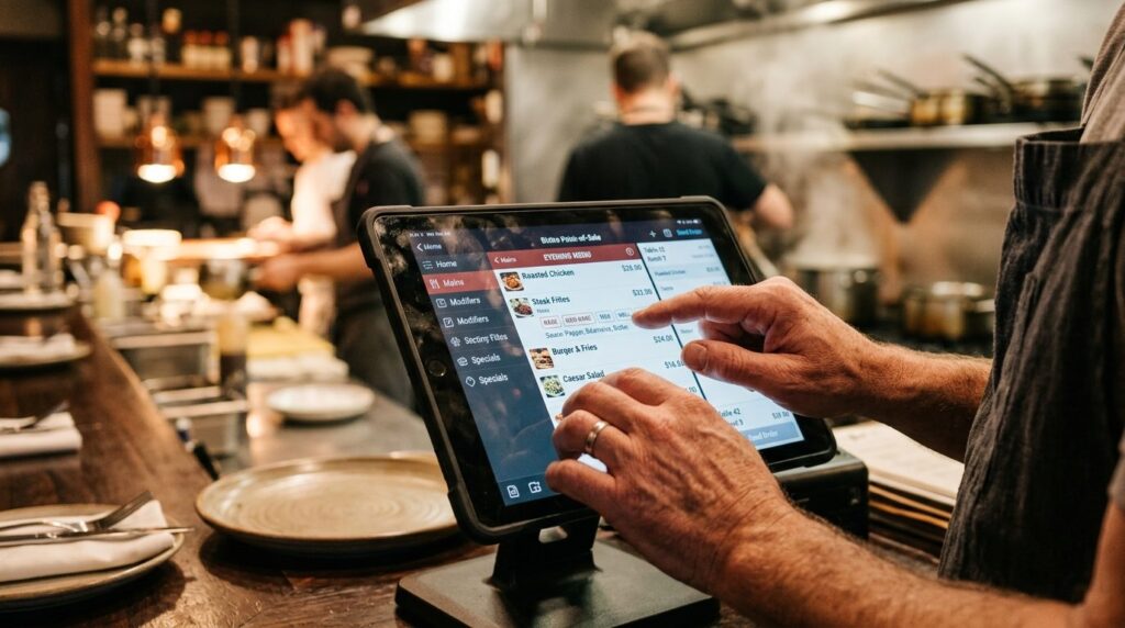 Restaurantejer holder hænder over en tablet med bestillingsapp.