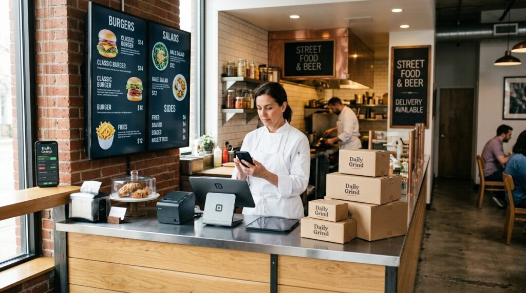 Lille restaurant med disk hvor personalet håndterer ordrer og betaling.